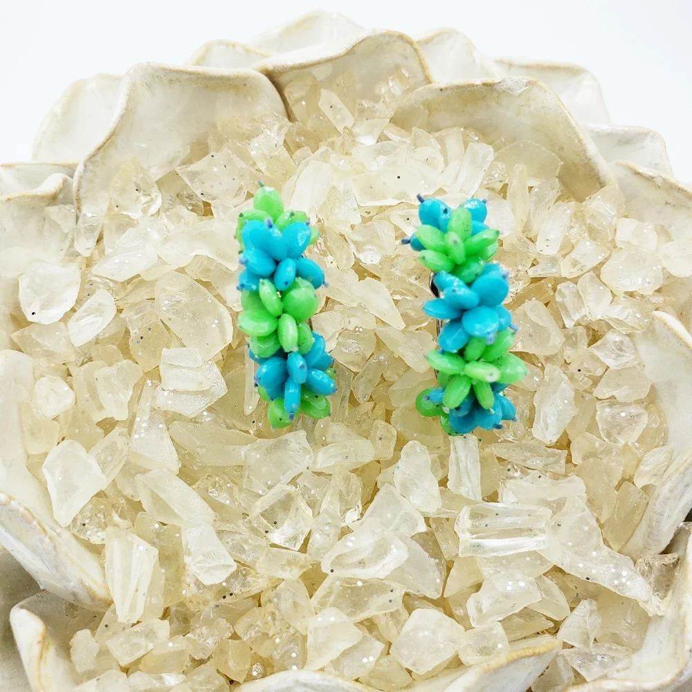 Vintage Half Moon Hoop Earrings | Blue Green Mod | Clip-On